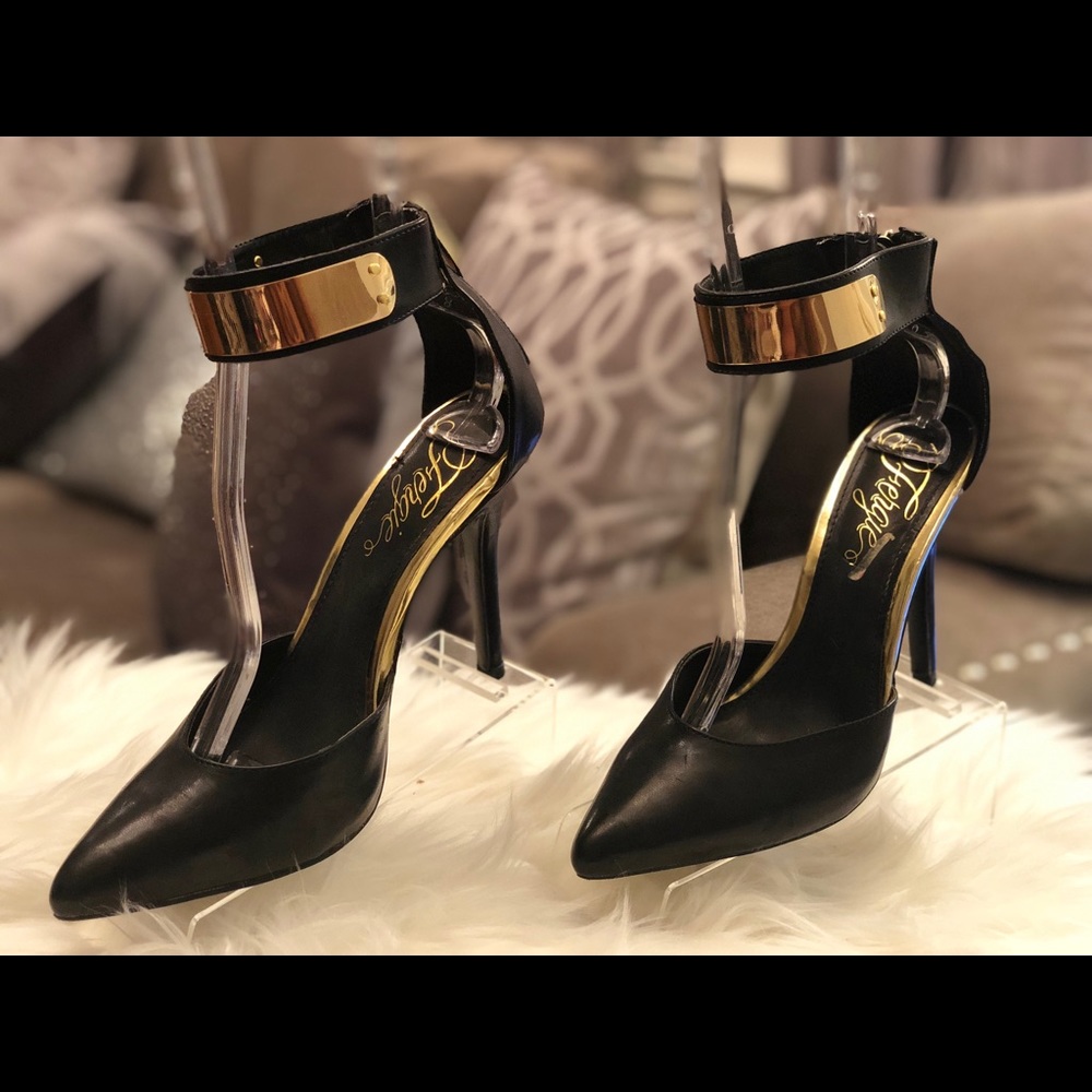 FERGIE Palace Black & Gold Pointed Toe Heels